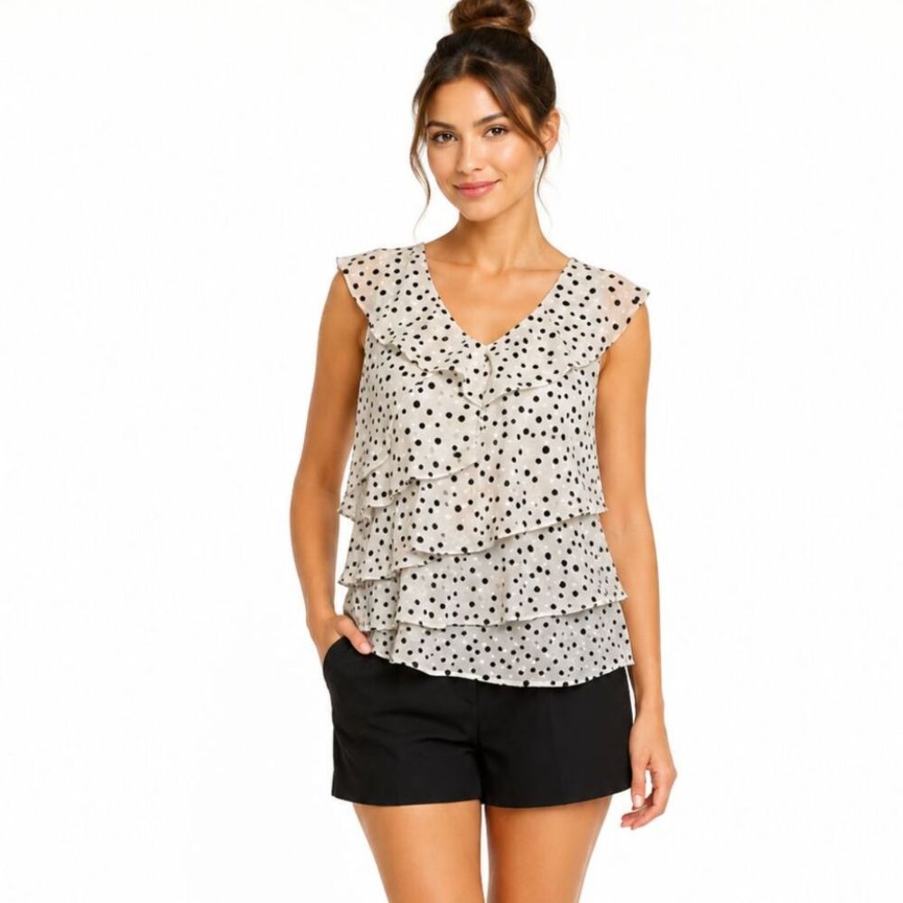 LOFT Size XS Black & White Polka Dot Airy Ruffled Top Blouse Shirt